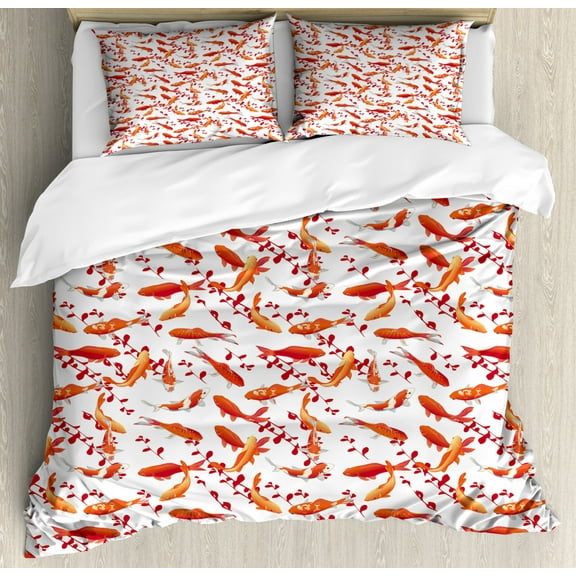 Fish Duvet Cover Set Queen Size, Japanese Traditional Aquatic Creatures with Leaves Branches Ornament Abstract Image, Decorative 3 Piece Bedding Set with 2 Pillow Shams, Orange White, by Ambesonne