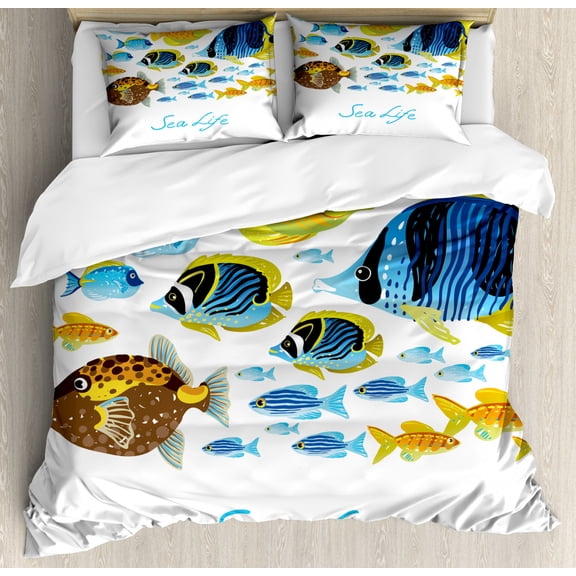 Fish Duvet Cover Set Queen Size, Vivid Underwater Wild Life with Freshwater Tropical Fish Creatures Sea Theme Artwork, Decorative 3 Piece Bedding Set with 2 Pillow Shams, Multicolor, by Ambesonne