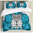 thumbnail image 1 of Fish Duvet Cover Set, Smiling Toothy White Shark with Big Muscles on Arms Illustration Print, Decorative 3 Piece Bedding Set with 2 Pillow Shams, Queen Size, Pale Grey Petrol Blue, by Ambesonne, 1 of 3