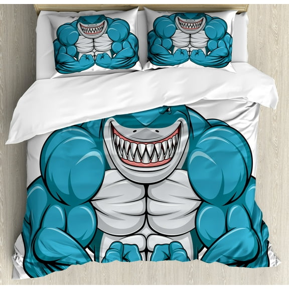 Fish Duvet Cover Set, Smiling Toothy White Shark with Big Muscles on Arms Illustration Print, Decorative 3 Piece Bedding Set with 2 Pillow Shams, Queen Size, Pale Grey Petrol Blue, by Ambesonne