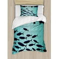 thumbnail image 1 of Fish Duvet Cover Set, Surreal Ornate Swirl Waves and Group of Fish with Nautical Under the Sea Theme, Decorative 2 Piece Bedding Set with 1 Pillow Shams, Twin Size, Blue Turquoise, by Ambesonne, 1 of 3