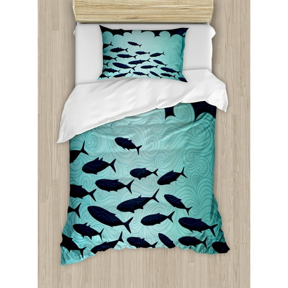 Fish Duvet Cover Set, Surreal Ornate Swirl Waves and Group of Fish with Nautical Under the Sea Theme, Decorative 2 Piece Bedding Set with 1 Pillow Shams, Twin Size, Blue Turquoise, by Ambesonne