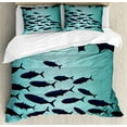 thumbnail image 1 of Fish Duvet Cover Set, Surreal Ornate Swirl Waves and Group of Fish with Nautical Under the Sea Theme, Decorative 3 Piece Bedding Set with 2 Pillow Shams, Calking Size, Blue Turquoise, by Ambesonne, 1 of 2
