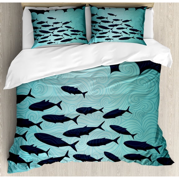 Fish Duvet Cover Set, Surreal Ornate Swirl Waves and Group of Fish with Nautical Under the Sea Theme, Decorative 3 Piece Bedding Set with 2 Pillow Shams, Queen Size, Blue Turquoise, by Ambesonne