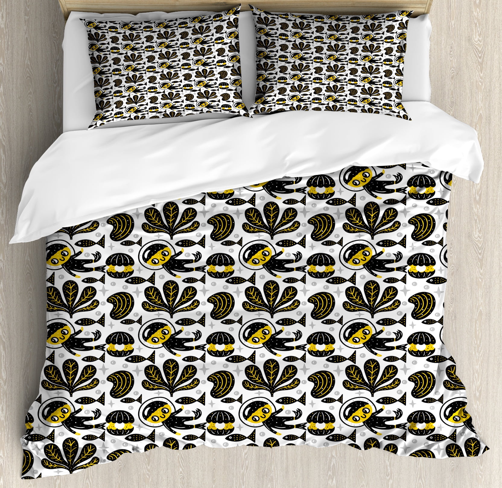 Fish Bedspread Fish Duvet Cover Set, Swimming Deep down in the Ocean Amongst Reef Fish ...