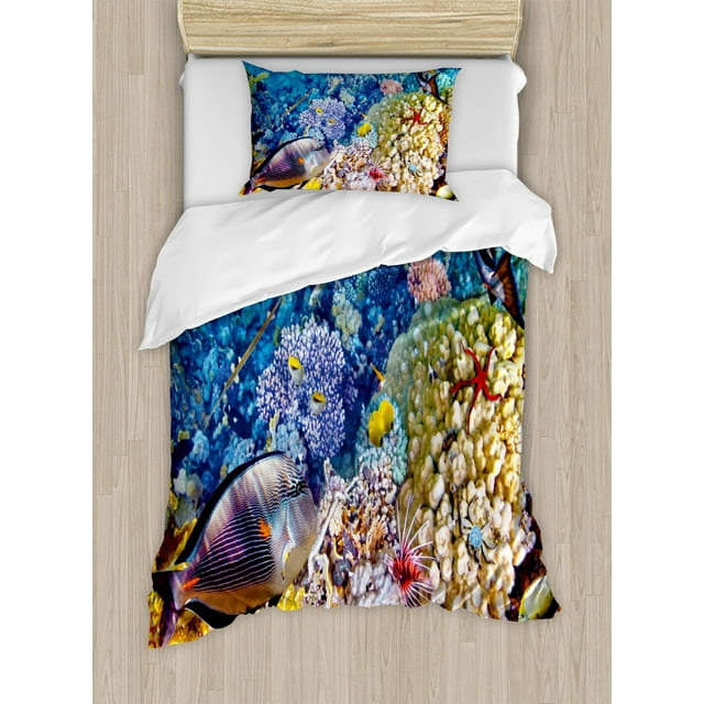 Fish Duvet Cover Set Twin Size, Egyptian Red Sea Bottom View with Marine Creatures Top of Tribal Ocean Scuba Image, Decorative 2 Piece Bedding Set with 1 Pillow Sham, Multicolor, by Ambesonne