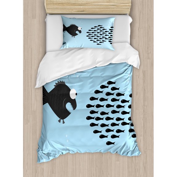 Fish Duvet Cover Set Twin Size, Little Fishes United to Fight with Big Fish Theme Aquatic Wildlife in the Ocean, Decorative 2 Piece Bedding Set with 1 Pillow Sham, Blue and Black, by Ambesonne