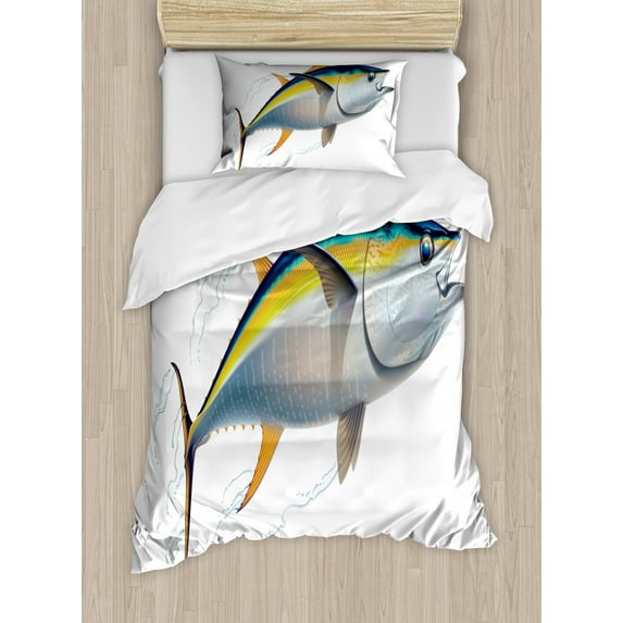 Fish Duvet Cover Set Twin Size, Yellowfin Tuna Realistically Illustrated with Shadows and Water Details on Fins, Decorative 2 Piece Bedding Set with 1 Pillow Sham, Earth Yellow Blue, by Ambesonne