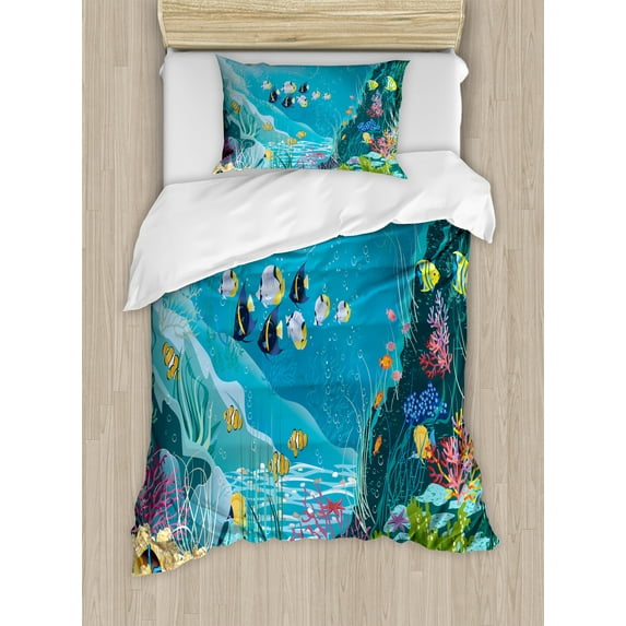Fish Duvet Cover Set, Underwater Landscape with Tropical Fish and Algae Polyps Descriptive Nautical Image, Decorative 2 Piece Bedding Set with 1 Pillow Shams, Twin Size, Multicolor, by Ambesonne