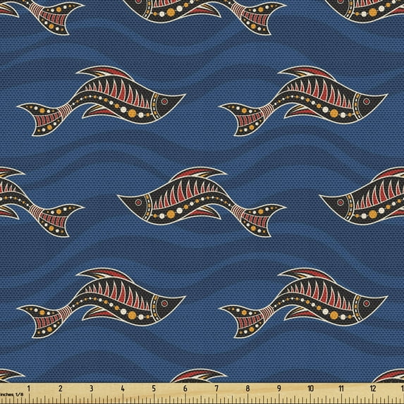 Fish Fabric by the Yard, Aboriginal Art with Aquatic Animal and Wave, Decorative Upholstery Fabric for Sofas and Home Accents, Night Blue Rust by Ambesonne