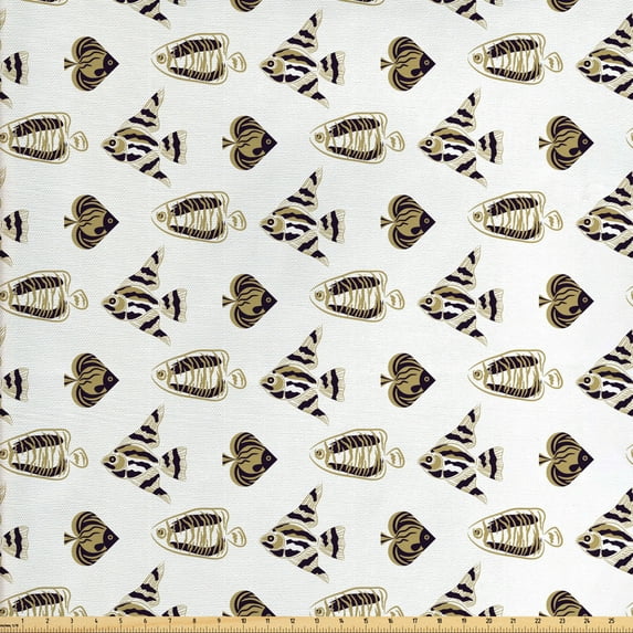 Fish Fabric by the Yard, Bicolour Illustration of Various Tropic Species Aquatic Animals Concept, Decorative Upholstery Fabric for Sofas and Home Accents, Mustard and Charcoal Grey by Ambesonne