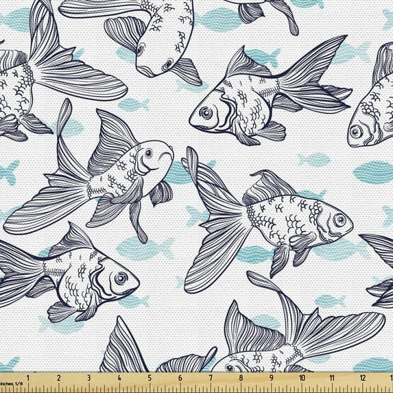 Fish Fabric by the Yard, Cartoon Style Outline Drawings of Underwater Element with Stripes, Decorative Upholstery Fabric for Sofas and Home Accents, Deep Sky Blue Indigo by Ambesonne