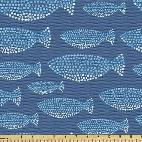 Ambesonne Fish Fabric by the Yard Upholstery, Blue Toned Nautical Life Motif, 2 Yards, Blue Pale Blue White