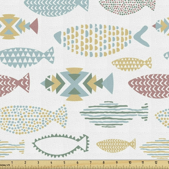 Ambesonne Fish Fabric by the Yard Upholstery, Geometric Style Sea Creatures, 2 Yards, Multicolor