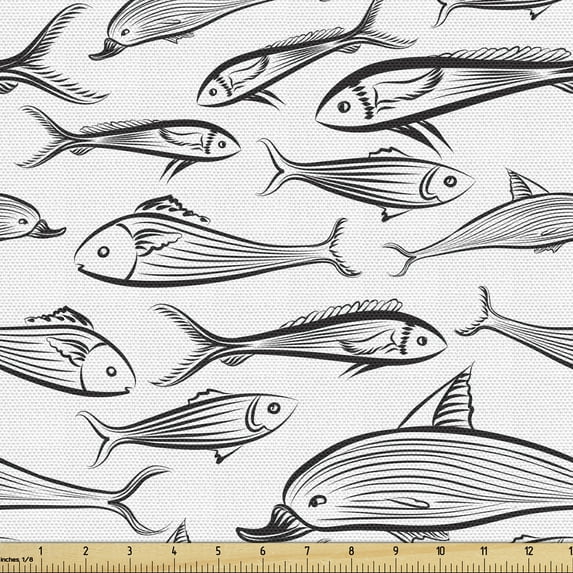 Fish Fabric by the Yard, Monochrome Minimalistic Sketch of Underwater Life Fish in Flow Illustration, Decorative Upholstery Fabric for Sofas and Home Accents, Charcoal Grey White by Ambesonne