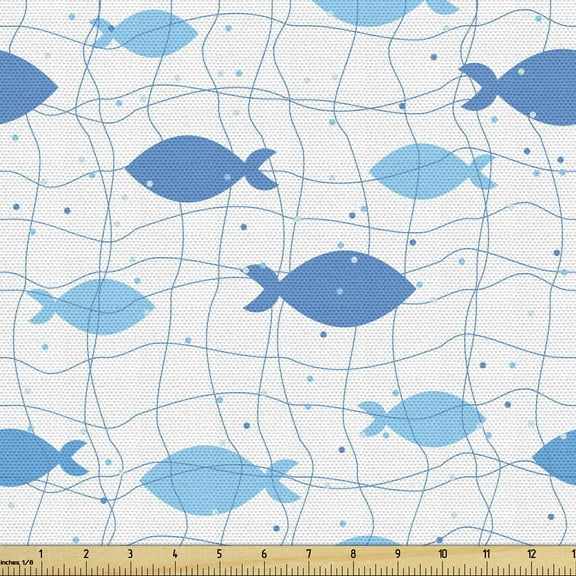 Ambesonne Fish Fabric by the Yard Upholstery, Geometric Net Design Dots, 2 Yards, Blue Pale Blue White