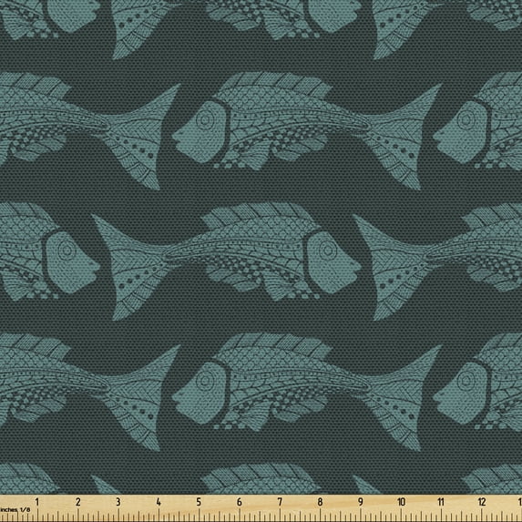 Ambesonne Fish Fabric by the Yard Upholstery, Vintage Style Dark Sea Graphic, 5 Yards, Hunter Green Grey Teal