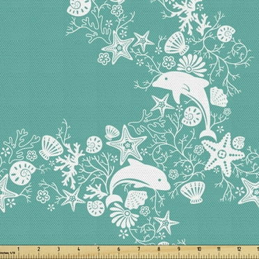 Ambesonne Fish Fabric by the Yard Upholstery, Dolphins with Starfishes, 10 Yards, Turquoise White