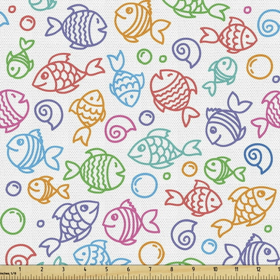 Ambesonne Fish Fabric by the Yard Upholstery, Funny Fish Aquaic Motif, 5 Yards, Multicolor