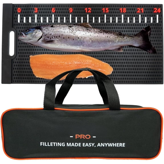 Fish Fillet Mat with Storage Bag and Fish Ruler Decal. Large 28""x14"" Nonslip Fish Cleaning Mat that Grips the Fish - Durable & Easy to Clean, Portable Fish Board, Black