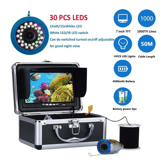 Fish Finder Underwater Fishing Camera Double Lamp 30LEDs 7Inch 15M 30M 50M IP68 Waterproof ,High Accuracy Identification