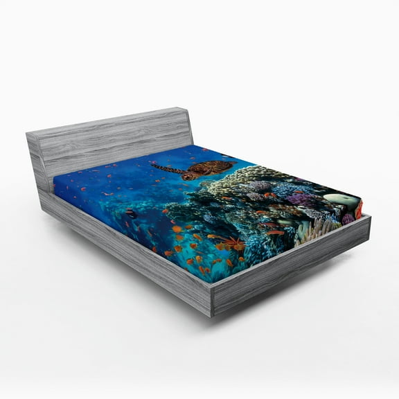 Fish Fitted Sheet, Exotic Fish and Turtle in Fresh Water on Stony Corals Bio Diversity Wild Life Photo, Decorative Soft Bedding All-round Elastic Pocket, California King, Multicolor, by Ambesonne