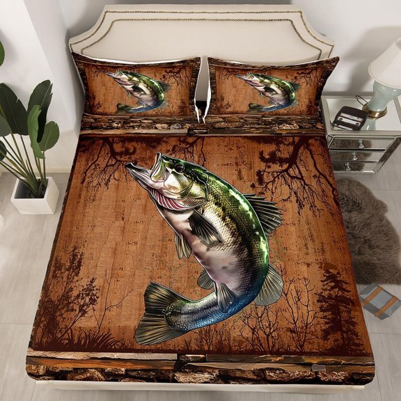 Fish Fitted Sheet for Girls Boys Kids Twin Size Fish Hunting Bed ding Set Room Rustic Cabin Country Bed Sheet Set Marine Life Sea Bed Cover Deep Pocket(No Top Ssheet) 3Pcs