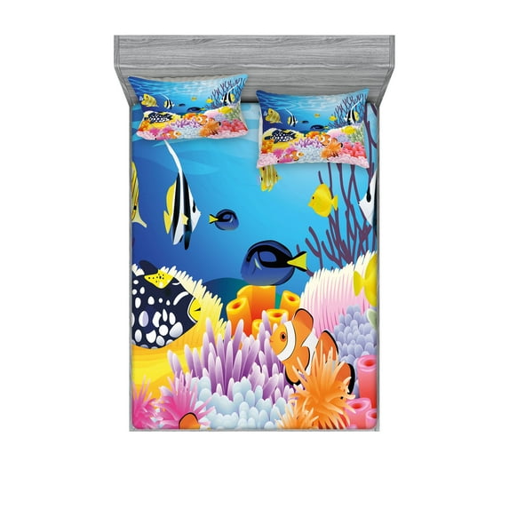Fish Fitted Sheet & Pillow Sham Set, Water Life Different Kind of Fishes Coral Reefs and Sponges Theme, Decorative Printed 6 Piece Bedding Decor Set, King, Multicolor, by Ambesonne