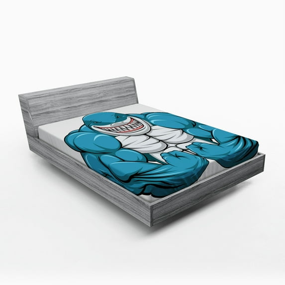 Ambesonne Fish Fitted Sheet, Toothy White Shark Smiling, Queen Size, Pale Grey Petrol Blue