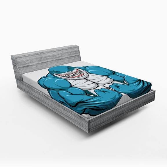 Ambesonne Fish Fitted Sheet, Toothy White Shark Smiling, Queen Size, Pale Grey Petrol Blue