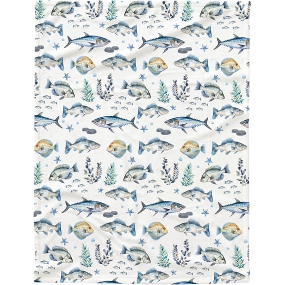 Fish Flannel Fleece Throw Blanket, Ultra Soft Fluffy Fuzzy Blanket for Living Room Bedroom, Fishing Gifts for Dad Grandpa M 60"x50" for Teens