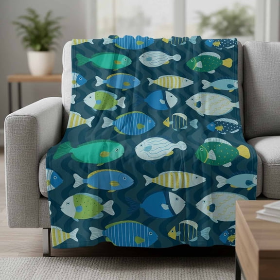 Fish Fleece Throw Blanket Cartoon Colored Little Fish Blue Waves Ultra Soft Fuzzy Cozy Flannel Throw Blanket for Couch Sofa Bed Car Travel, Ideal Gifts 30x40 Inches