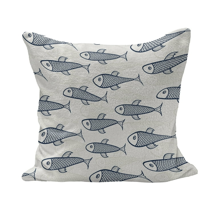 Fish Fluffy Throw Pillow Cushion Cover, Aquarium Inspired Doodle Style  Swimming with Scales Underwater Life, Decorative Square Accent Pillow Case,  40 x 40, Dark Blue White, by Ambesonne 