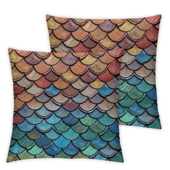 Fish Fluffy Throw Pillow Cushion Cover, Maritime Animal Scales Pattern Abstract Geometric Half Circles Mermaid Tail Design, Decorative Square Accent Pillow Case, Multicolor