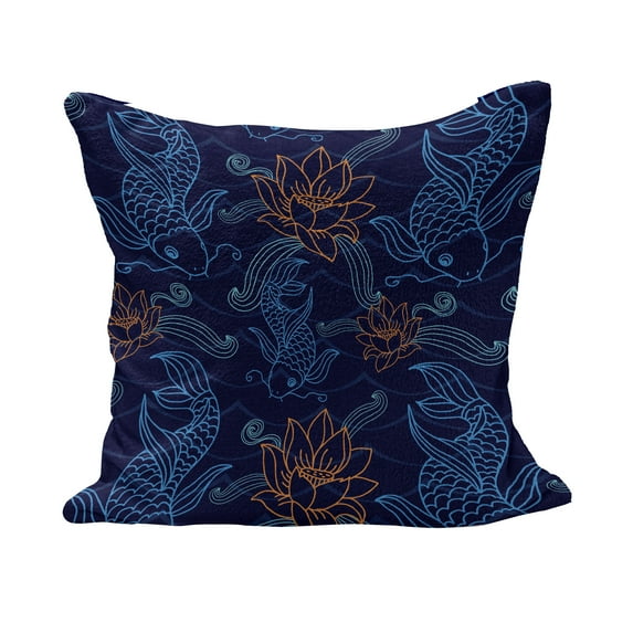 Fish Fluffy Throw Pillow Cushion Cover, Oriental Koi Fish Floral Arrangement Petals and Leaves Doodle Style Animal, Rectangle Accent Pillow Case, 36" x 16", Royal Blue Aqua Orange, by Ambesonne