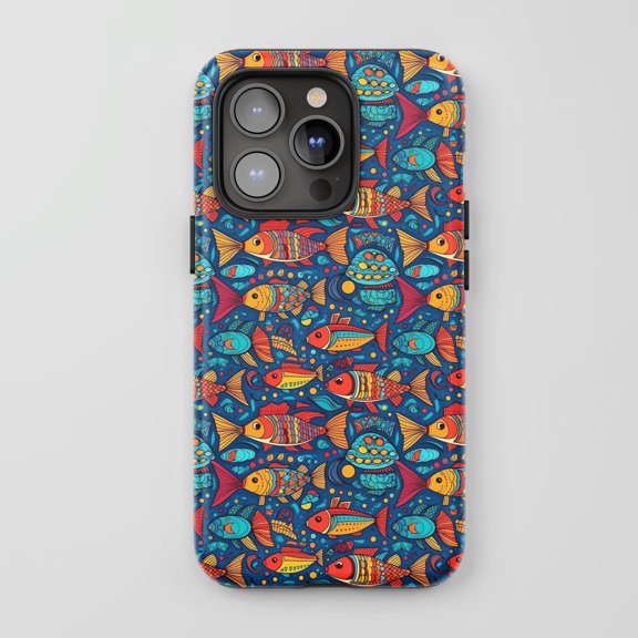 Fish For All iPhone Series Protective Phone Case Underwater Doodle Art Multicolor Blue