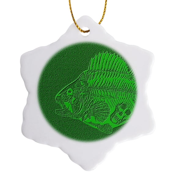 3drose, Fish Fossil with Monkey Skull in Green, 3 inch Snowflake Porcelain Ornament