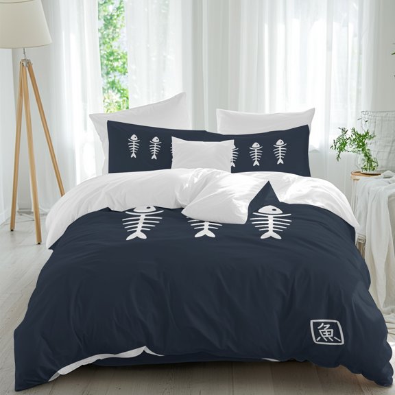 Fish Full Duvet Cover Set, Harmony Japanese Simple Style Blue 4 Piece Microfiber Bedding Set with Zipper Closure, Bed Sheet and 2 Pillow Shams, Soft Bedding Cover