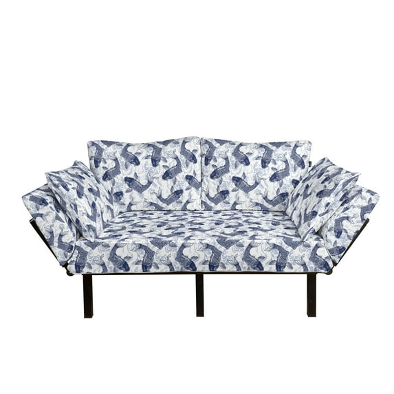 Fish Futon Couch, Japanese Carp Koi Wave Patterned Background Ancestral Animals Culture, Daybed with Metal Frame Upholstered Sofa for Living Dorm, Loveseat, Dark Blue White, by Ambesonne