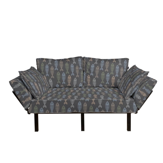 Fish Futon Couch, Vintage Geometric Animal Design with Lines Retro Marine Pattern Fish Skeleton Image, Daybed with Metal Frame Upholstered Sofa for Living Dorm, Loveseat, Multicolor, by Ambesonne