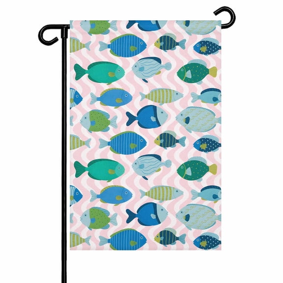 Fish Garden Flag 12x18 Inch Cartoon Colored Little Fish Pink Waves Double Sided Small Decorative Garden Flags for Outside, Outdoor Yard Porch Lawn Decoration