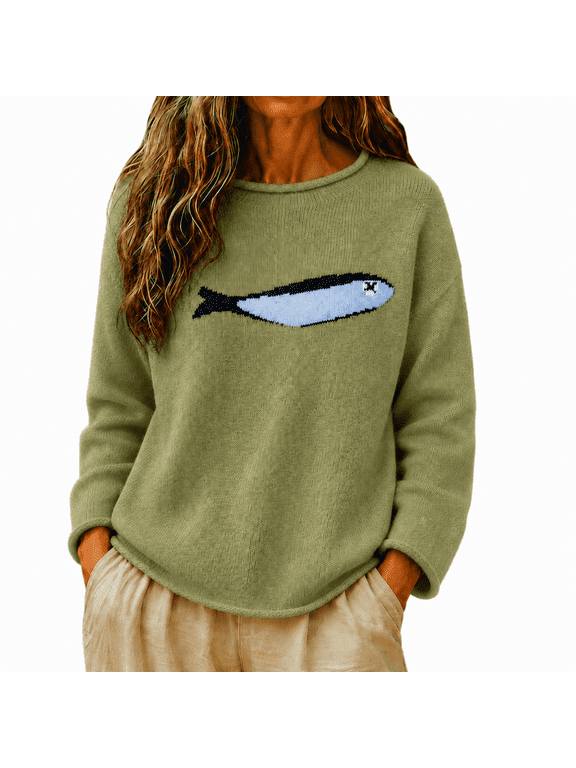 Fish Graphic Sweaters for Women Rolled Edge Loose Fit Long Sleeve Pullover Lightweight Knitted Casual Soft Stretchy Fall Outfits for Women Winter Sweater Cute Top Fashion Clothing