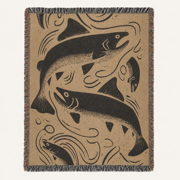 Fish Graphic Woven Cotton Throw Blanket with Fringe, Rustic Outdoor Tapestry