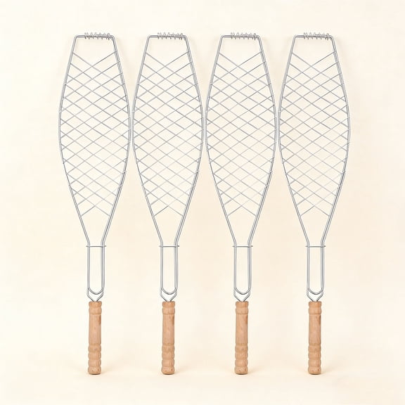 Fish Grill Basket, Foldable Barbecue Rack with Wooden Handle, Galvanized Iron Wire Roaster Mesh Clip Flipper for Meat Shrimp & Vegetables