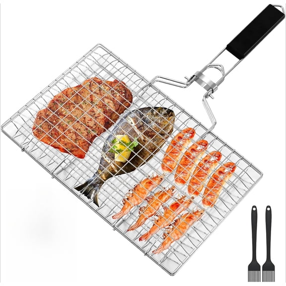Fish Grill Basket, Folding Portable Fish Grilling Rack for BBQ Stainless Steel Grilling Basket for Veggies, Shrimp & Meat Cook, Comes with 2 Basting Brushes