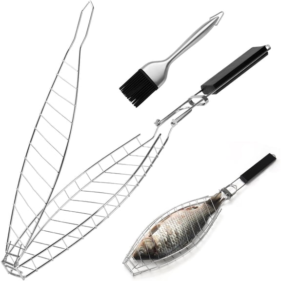 Fish Grill Basket for Grilling, Stainless Steel Basket, Non-Stick Rack Grilling with Adjustable Lock Removable Handle, Ideal BBQ, Camping, Charcoal and Gas Grills