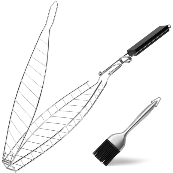 Fish Grill Basket, Heavy Duty Stainless Steel Grilling Basket with Removable Wooden Handle & Bonus Basting Brush, BBQ Accessories for Outdoor Camping Picnic, Cook Whole Fish, Seafood, Vegetables