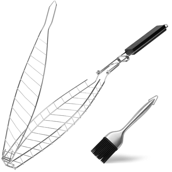 Fish Grill Basket Heavy Duty Stainless Steel with Removable Wooden Handle Bonus Basting Brush BBQ Accessories
