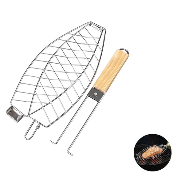 Foldable Fish Grilling Basket 24.5" BBQ Grill Rack with Removable Wood Handle, Locking Design for Secure Grilling, Portable for Camping & Outdoor Cooking