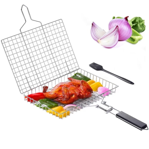 Fish Grilling Basket, Stainless Steel and Removable Handle,Portable BBQ Grill Basket for Fish Vegetables Shrimp,Removable Handle, Outdoor Cooking Camping